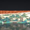 Traditional Chinese Landscape Painting With Mountains Pagoda Water Reflection And Wooden Ceiling