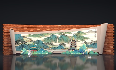 Chinese scroll flower roll background wall DP point 3d model