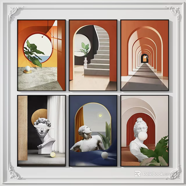 Six Framed Artworks With Archways Sculptures Green Plants And Soft Tones 3d model 