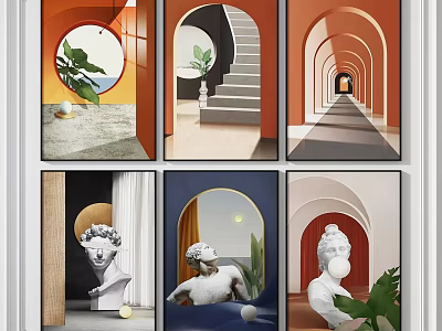 Six Framed Artworks With Archways Sculptures Green Plants And Soft Tones 3d model