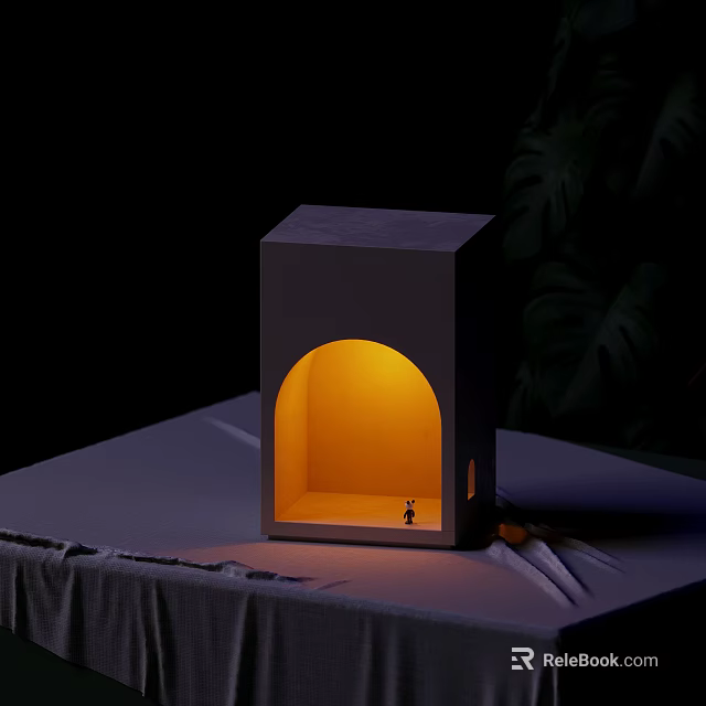 Gray Cubic Wall Lamp With Arched Illuminated Niche Warm Yellow Light Small Figurine Dark Background 3d model 