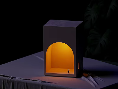Gray Cubic Wall Lamp With Arched Illuminated Niche Warm Yellow Light Small Figurine Dark Background 3d model