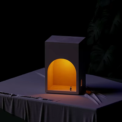 Gray Cubic Wall Lamp With Arched Illuminated Niche Warm Yellow Light Small Figurine Dark Background 3d model