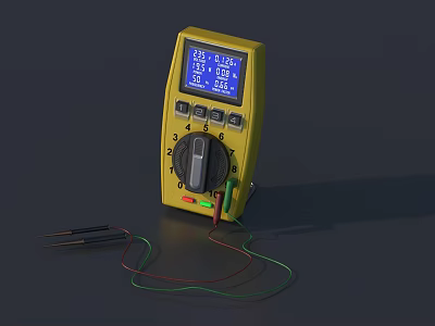 Yellow Digital Multimeter With Blue Display Test Probes And Connecting Wires 3d model