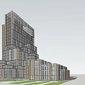 Modern High Rise Office Building With Glass Curtain Wall And Green Plants On Urban Street