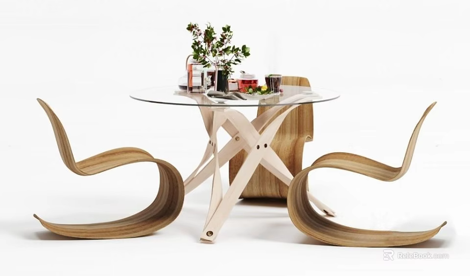 Modern Round Glass Top Table And Curved Wooden Chair Set With Flower Vase Decorations 3d model 