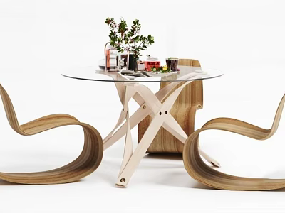Modern Round Glass Top Table And Curved Wooden Chair Set With Flower Vase Decorations 3d model