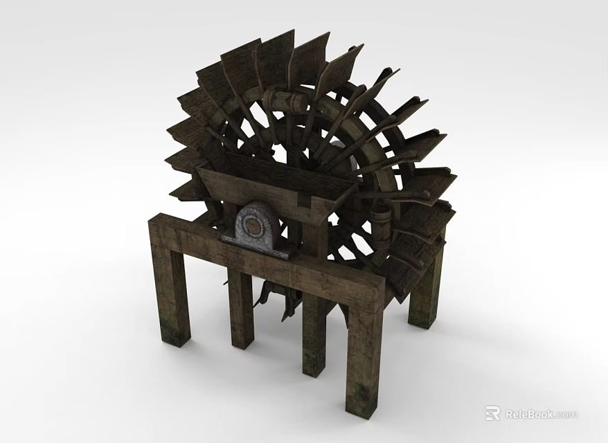Vintage Wooden Waterwheel Structure With Blades Frame And Gear Mechanism 3d model 