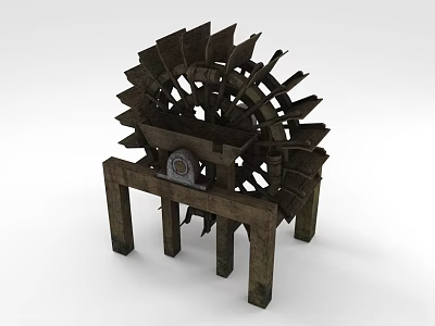 Vintage Wooden Waterwheel Structure With Blades Frame And Gear Mechanism 3d model