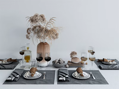 Elegant Tableware Set for Dining Table with Plates Napkins Wine Glasses and Dried Flower Vase 3d model