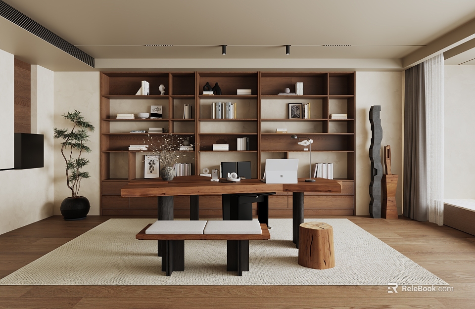 Modern Minimalist Study Room Interior Design With Wooden Bookshelves Desk Books And Plant 3d model 