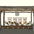 Garden Ornament With Thatched Roof Wooden Structure Scroll Paintings Potted Plants Lanterns And Stones