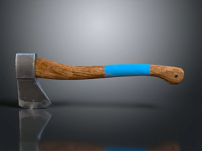 Durable Metal Head Axe With Wooden Handle And Blue Grip Design 3d model