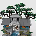 Detailed Building Blocks Scene With Cabin Waterfall Trees And Figures