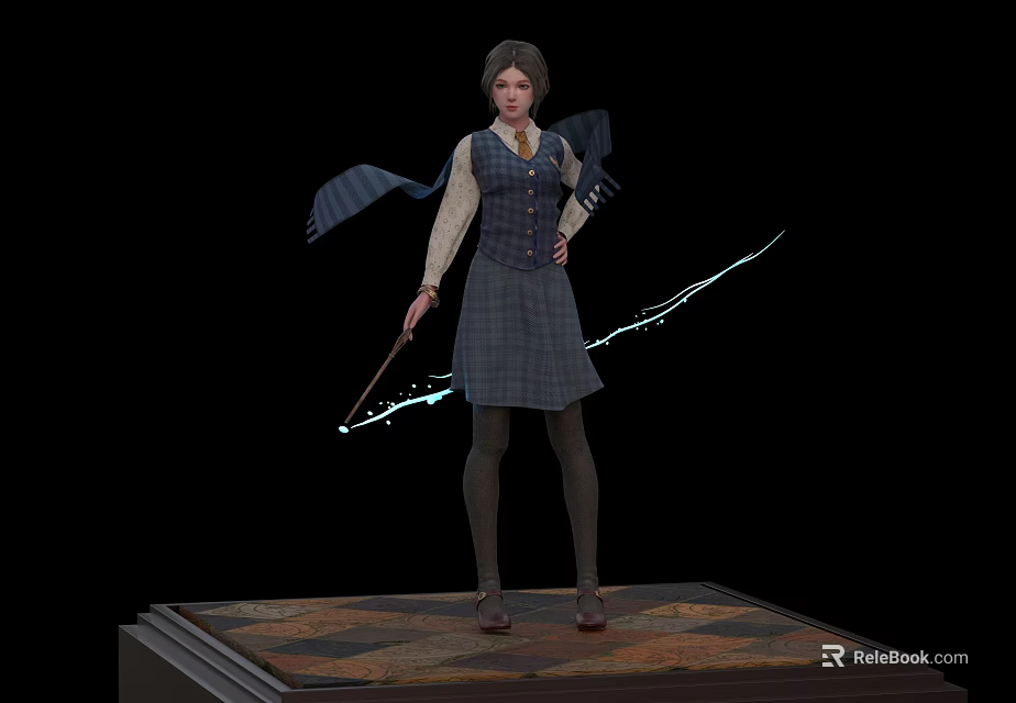 Woman Wearing Plaid Skirt Vest Blouse Holding Wand With Flying Scarf And Blue Magical Light 3d model 