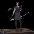 Woman Wearing Plaid Skirt Vest Blouse Holding Wand With Flying Scarf And Blue Magical Light