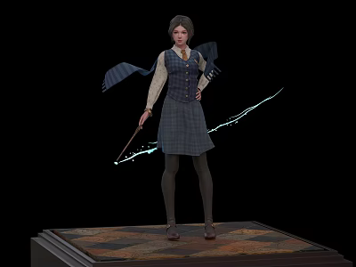 Woman Wearing Plaid Skirt Vest Blouse Holding Wand With Flying Scarf And Blue Magical Light 3d model