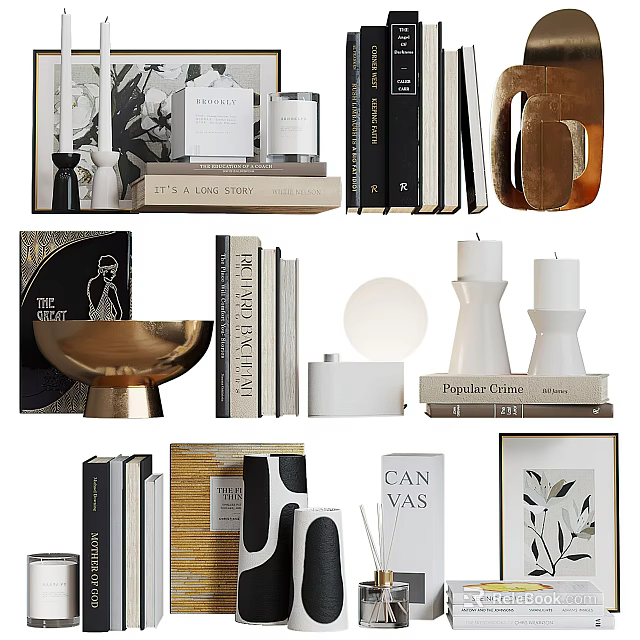 Stylish Decorative Ornament Set With Books Candles Sculptures And Frames For Home Decor 3d model 
