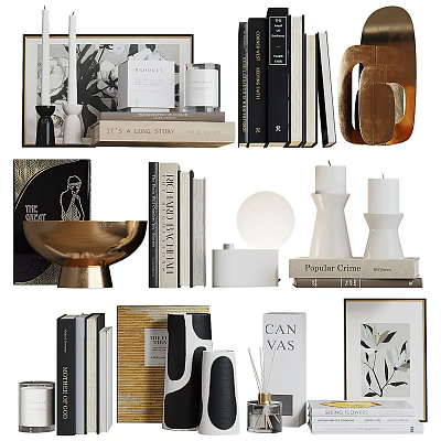 Stylish Decorative Ornament Set With Books Candles Sculptures And Frames For Home Decor 3d model