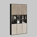 Modern Wooden Storage Cabinet Featuring Open Shelves LED Lighting And Decorative Display Items