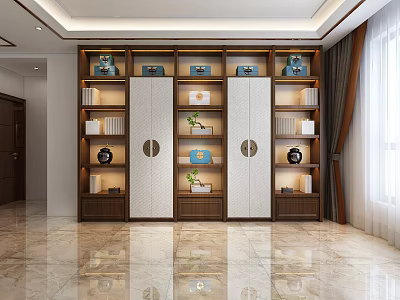 Modern Wooden Bookcase With White Cabinet Doors Round Decor Books And Green Plants 3d model