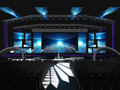 Modern Stage Setup Featuring Large LED Screens Lighting Arched Structures And Audience Seats 3d model