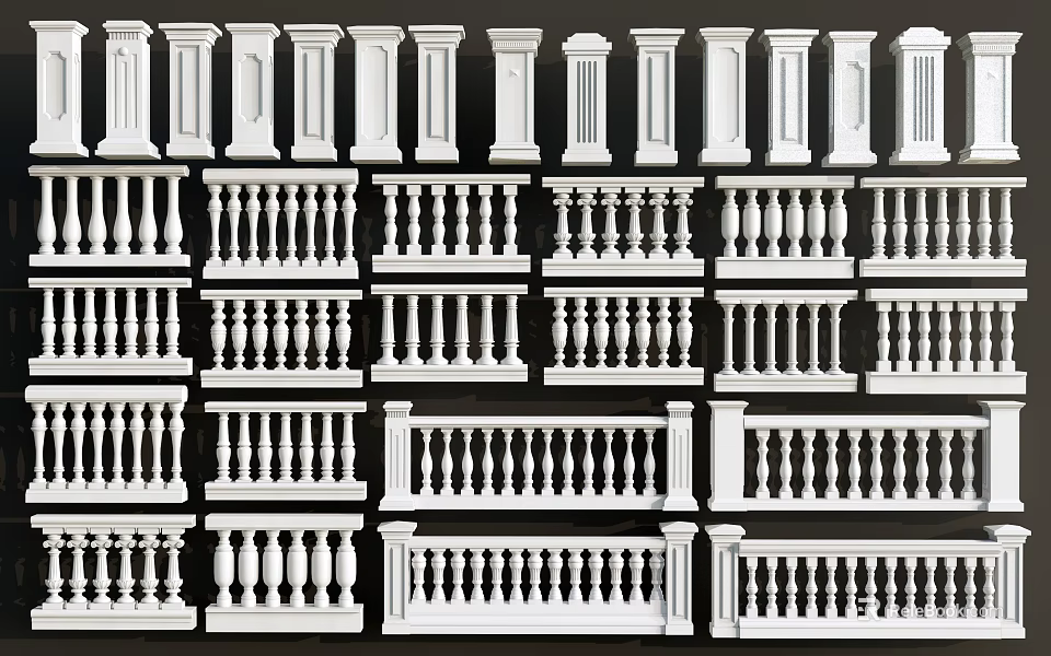 Assorted Architectural Railing Designs Featuring Balusters Posts And Rails 3d model 