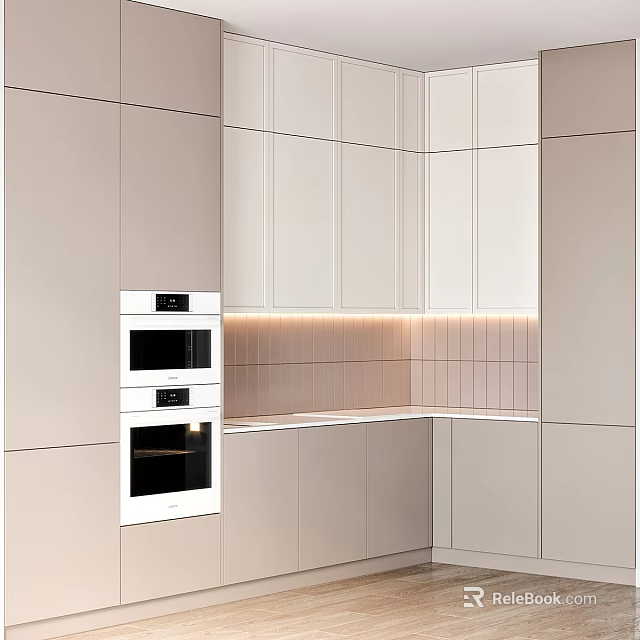 Modern Kitchen With White Cabinets Built in Ovens Sleek Countertop LED Lighting And Tile Backsplash 3d model 