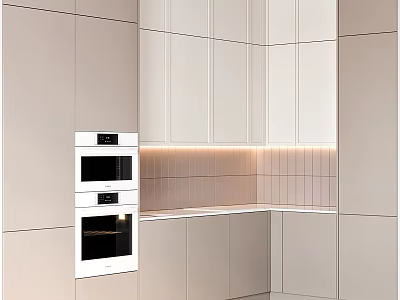 Modern Kitchen With White Cabinets Built in Ovens Sleek Countertop LED Lighting And Tile Backsplash 3d model