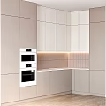 Modern Kitchen With White Cabinets Built in Ovens Sleek Countertop LED Lighting And Tile Backsplash
