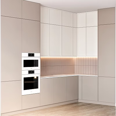 Modern Kitchen With White Cabinets Built in Ovens Sleek Countertop LED Lighting And Tile Backsplash 3d model