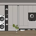 Modern Home Balcony Design With White Cabinets Washing Machine Dryer Storage Plant And Wooden Floor
