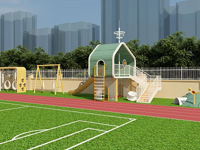 Kindergarten Outdoor Playground With Play Structures Track And Green Lawn 3d model
