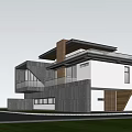 Modern Detached Villa with Unique Roof Design Surrounded by Trees and Large Windows