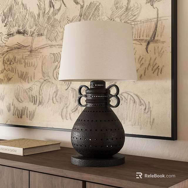 Black Hollow Design Table Lamp With White Shade And Wall Painting Side Book 3d model 