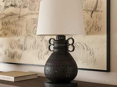 Black Hollow Design Table Lamp With White Shade And Wall Painting Side Book 3d model