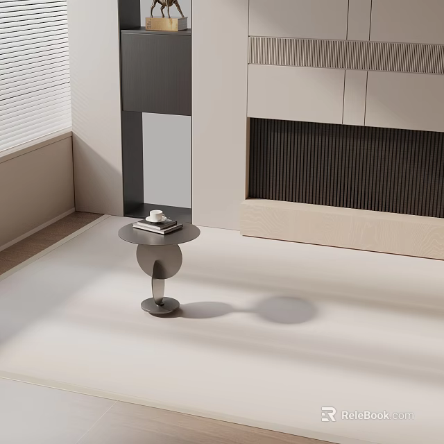 Modern Sleek Side Table In Bright Room With Cabinet And Items On Top 3d model 