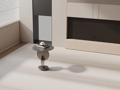 Modern Sleek Side Table In Bright Room With Cabinet And Items On Top 3d model