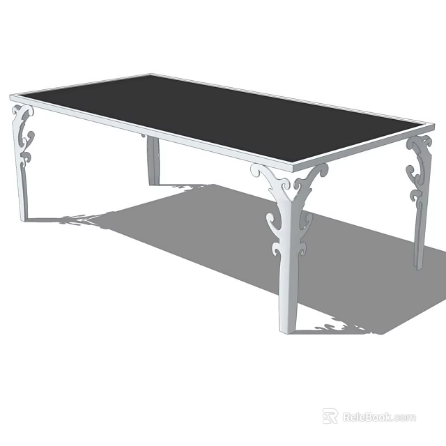 Elegant Dining Table With Black Top And White Carved Decorative Legs 3d model 