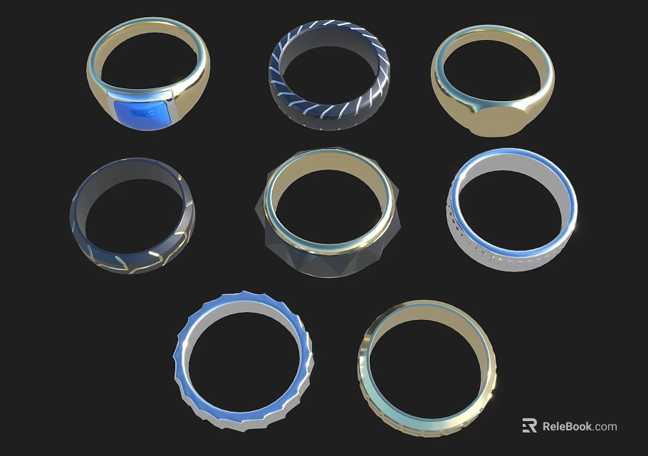 Unique Jewelry Ring Designs With Blue Gemstone Textured Bands And Metallic Finishes 3d model 