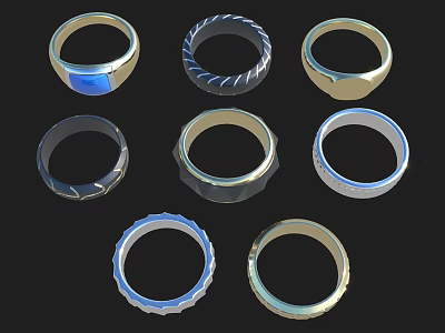 Unique Jewelry Ring Designs With Blue Gemstone Textured Bands And Metallic Finishes 3d model