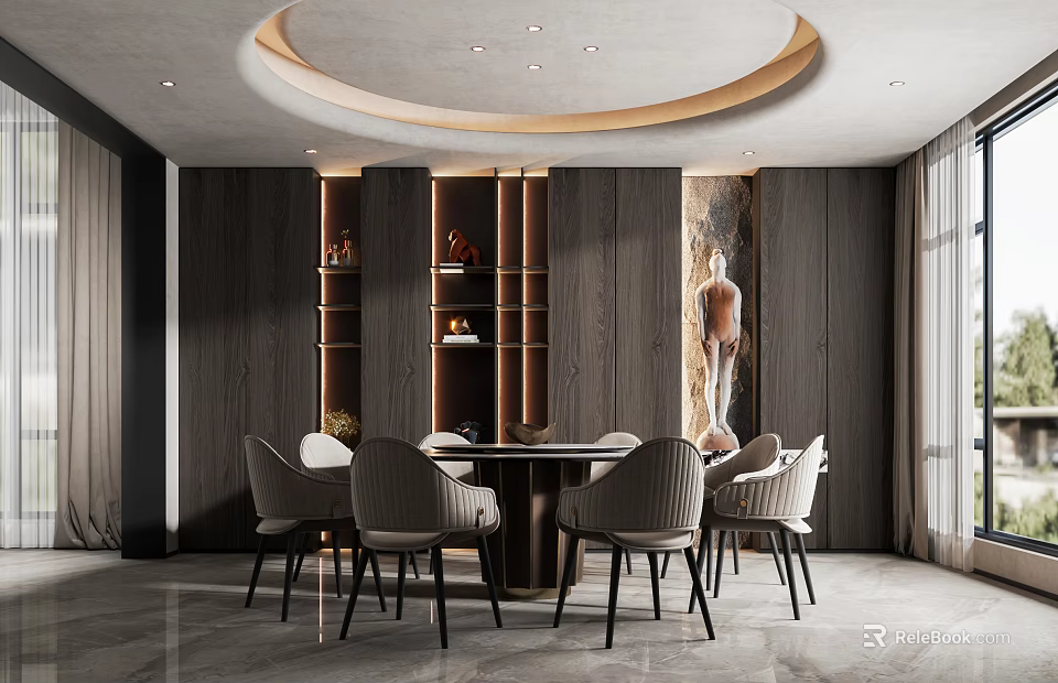 Modern Restaurant Interior With Circular Ceiling Light Wooden Walls Display Shelves And Dining Table 3d model 