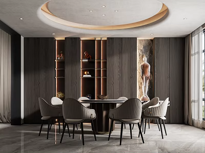 Modern Restaurant Interior With Circular Ceiling Light Wooden Walls Display Shelves And Dining Table 3d model