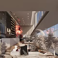 Modern Café Interior With Large Windows Open Space Bookshelves Cozy Sofa Seating And Pampas Grass Plants