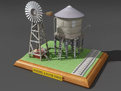 Industrial Equipment Model With Windmill Water Tower And Rail Tracks On Base 3d model