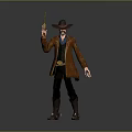 Cowboy Character Wearing Brown Coat And Cowboy Hat Holding Revolver With Black Pants And Boots