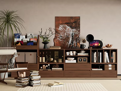 Walnut Bookcase With Books Decorative Items Potted Plant And Wall Painting In Cozy Interior 3d model