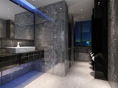 Modern Public Restroom Design With Gray Marble Walls White Sink Black Cabinets And Large Mirror 3d model