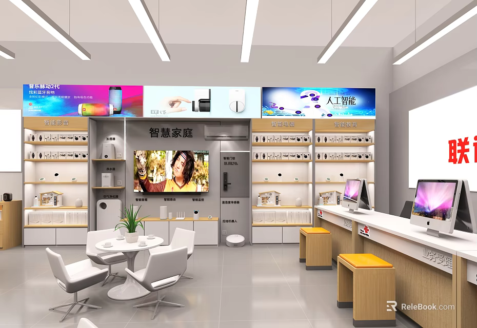 Modern Digital Store Interior with Product Shelves Display Counter and Electronic Screens 3d model 