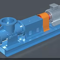 Blue Industrial Centrifugal Pump With Orange Coupling And Electric Motor Base Frame